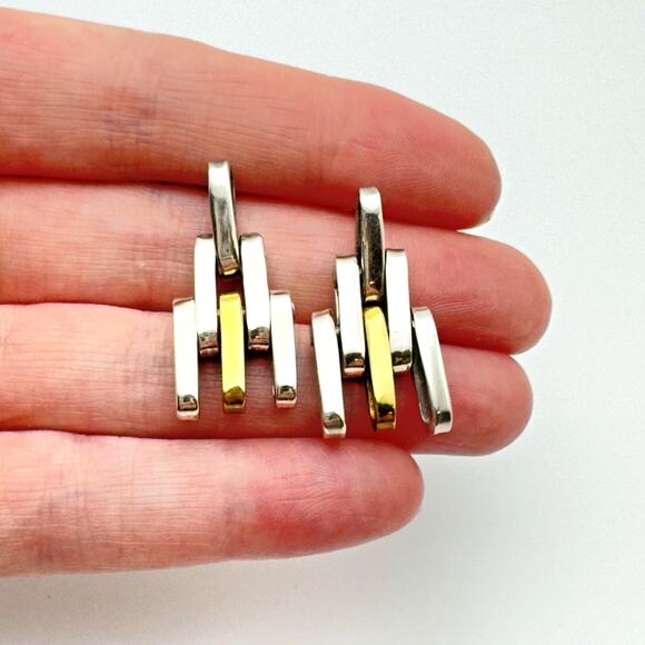 Vintage Modernist Sterling Silver Brass Earrings Industrial Tank Track Unisex - Picture 1 of 6